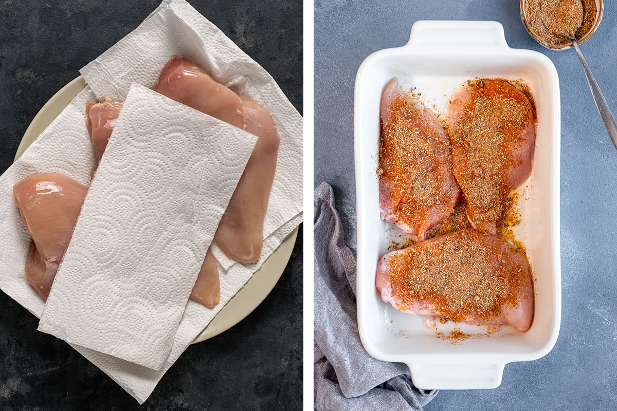 A collage of two pictures showing how to dry chicken and how to apply seasoning on chicken.