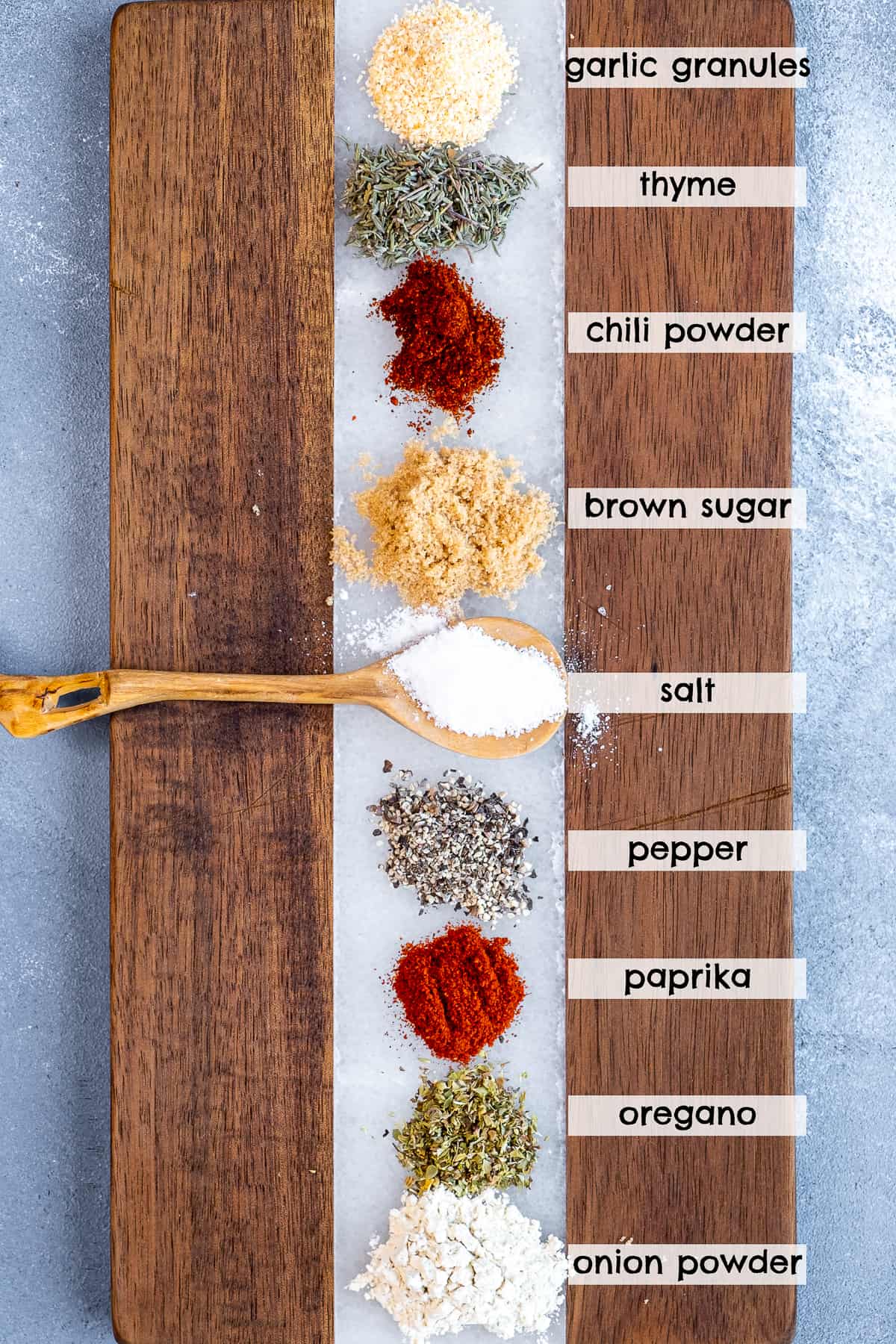 Spices shown separately on a wooden cutting board.