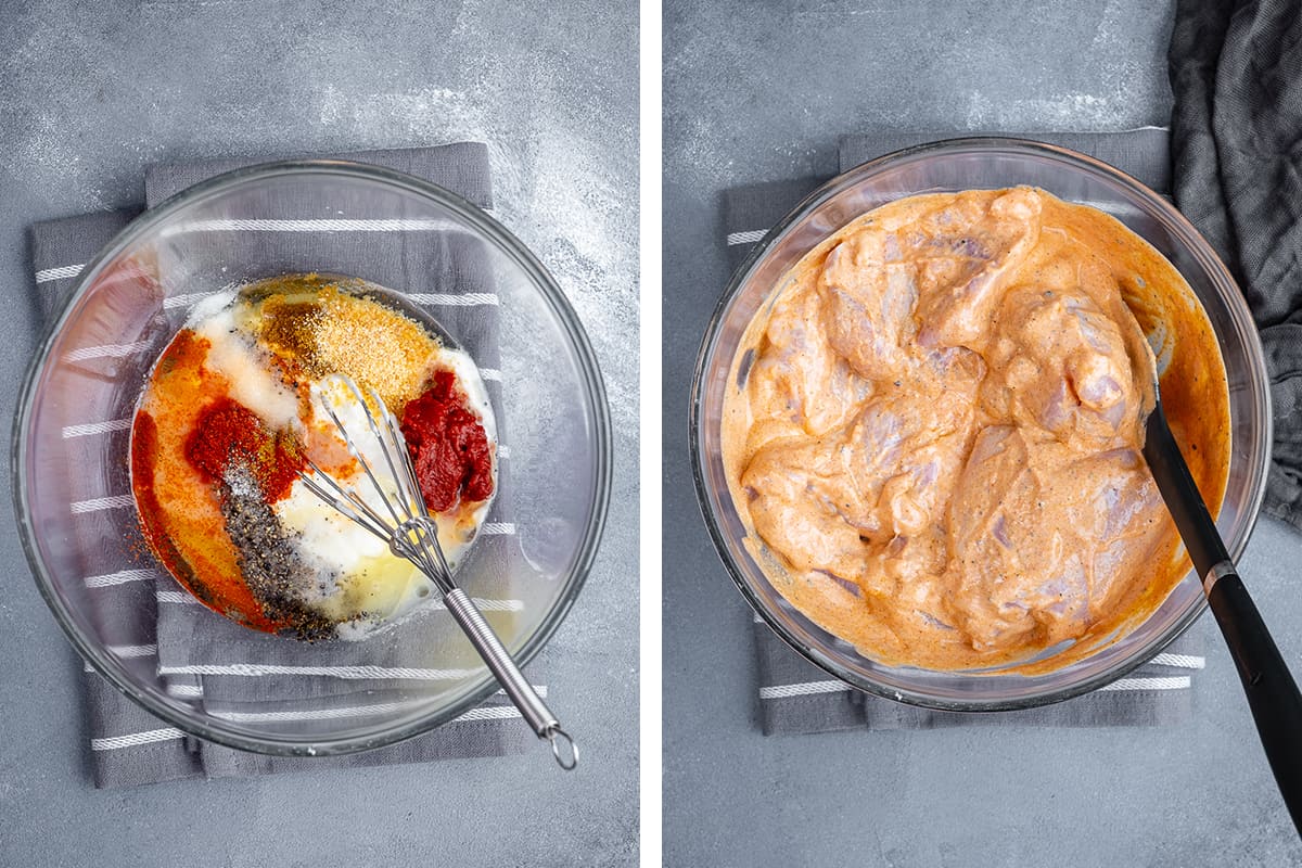 A collage of two pictures showing how to make the marinade and how to marinade chicken.