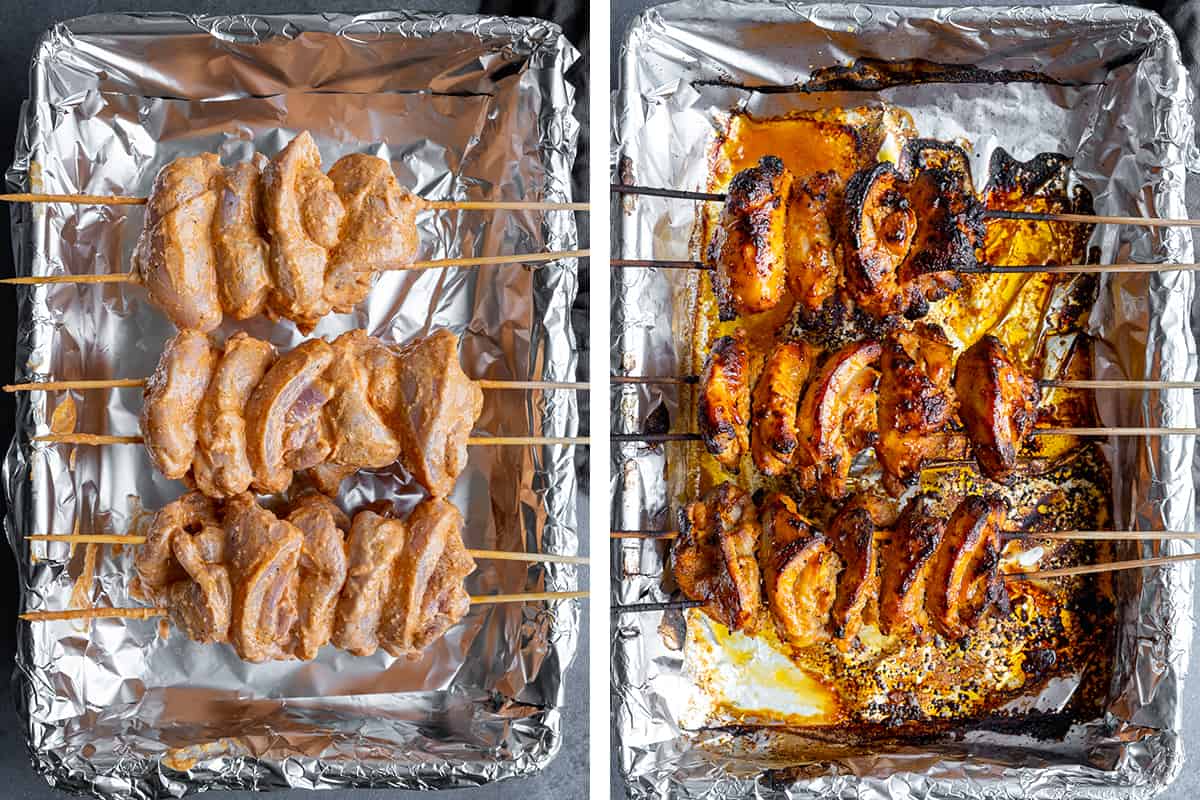 A collage of two pictures showing the steps of baking chicken doner in the oven.