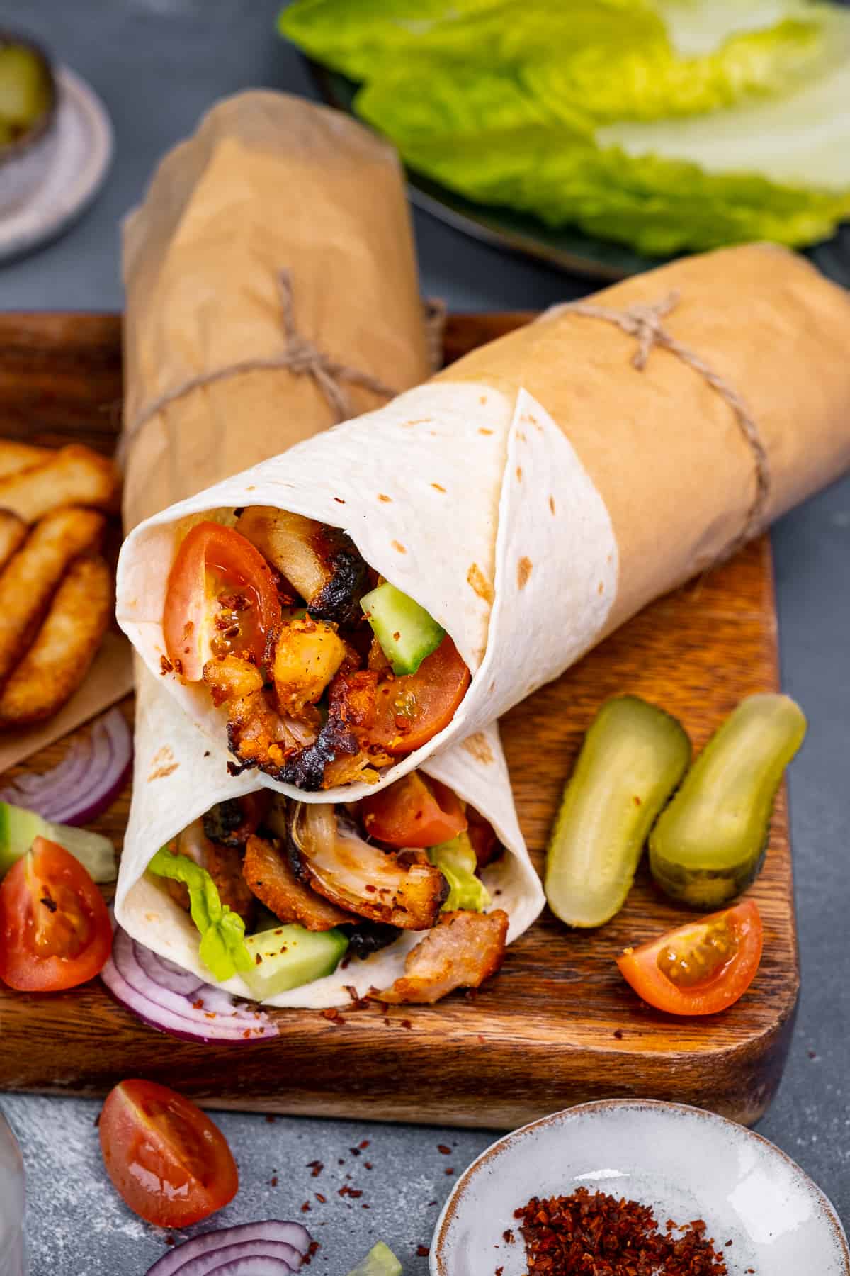 Doner wraps filled with chicken doner kebab and salad.