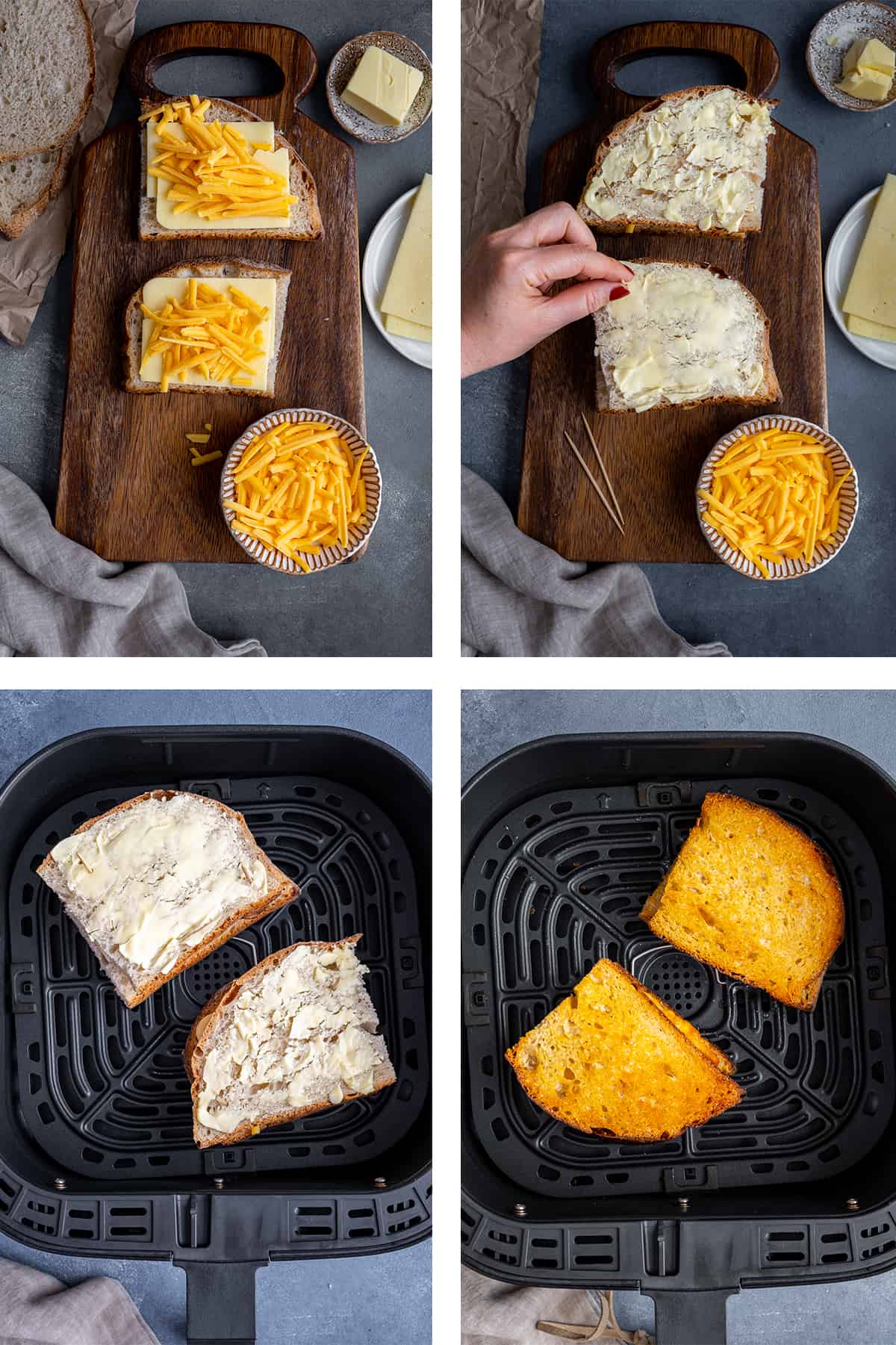 A collage of four pictures showing the steps of making grilled cheese sandwiches in an air fryer.