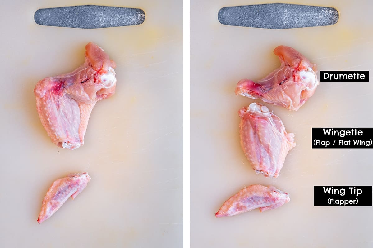 A collage of two pictures showing how to cut off the wing tip in one and the three wing sections in the other.