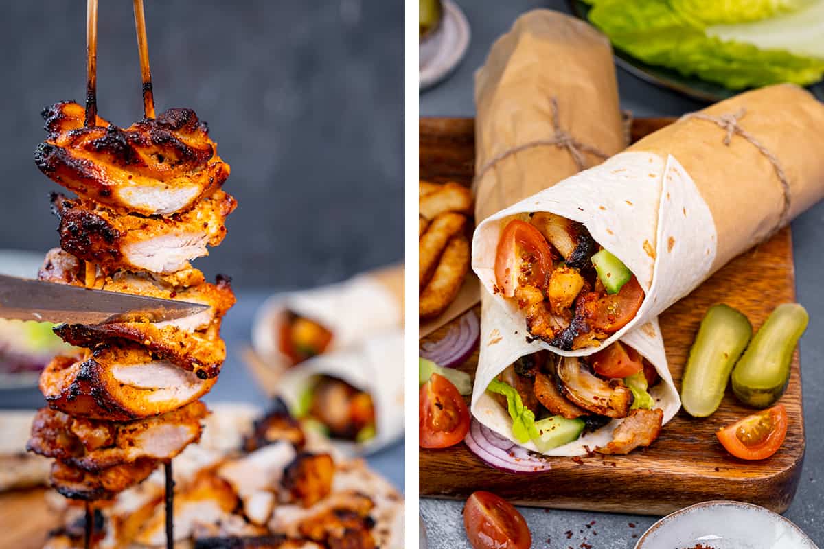 A collage of two pictures showing how to carve cooked chicken meat and how to serve it in wraps.