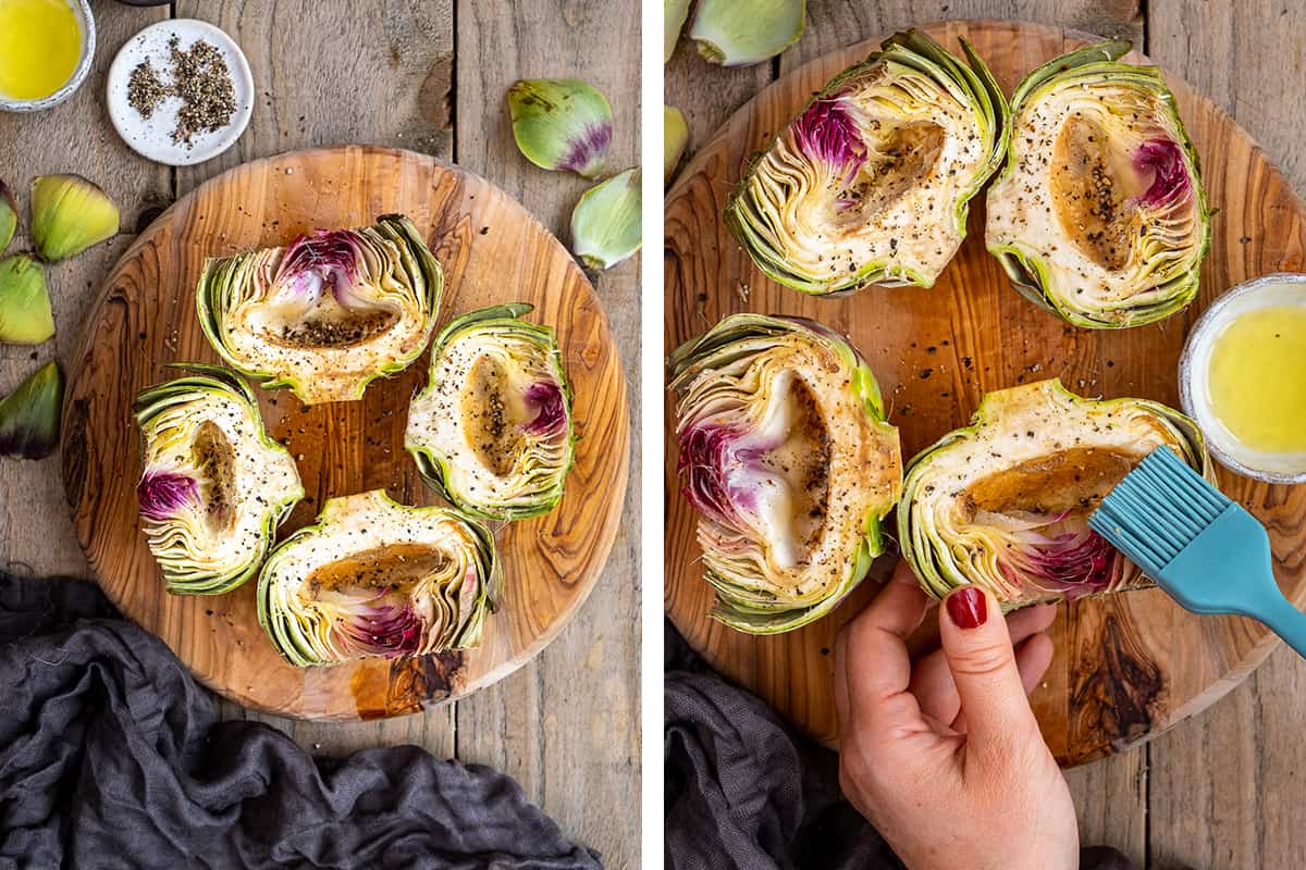 A collage of two pictures showing how season artichoke halves and how to brush them with oil.
