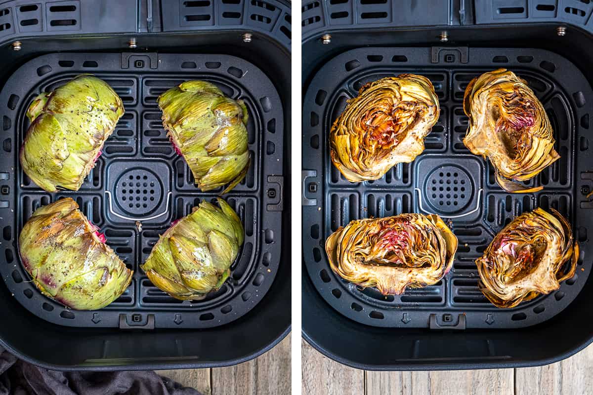 A collage of two pictures showing artichoke halves in an air fryer basket before and after they are cooked.