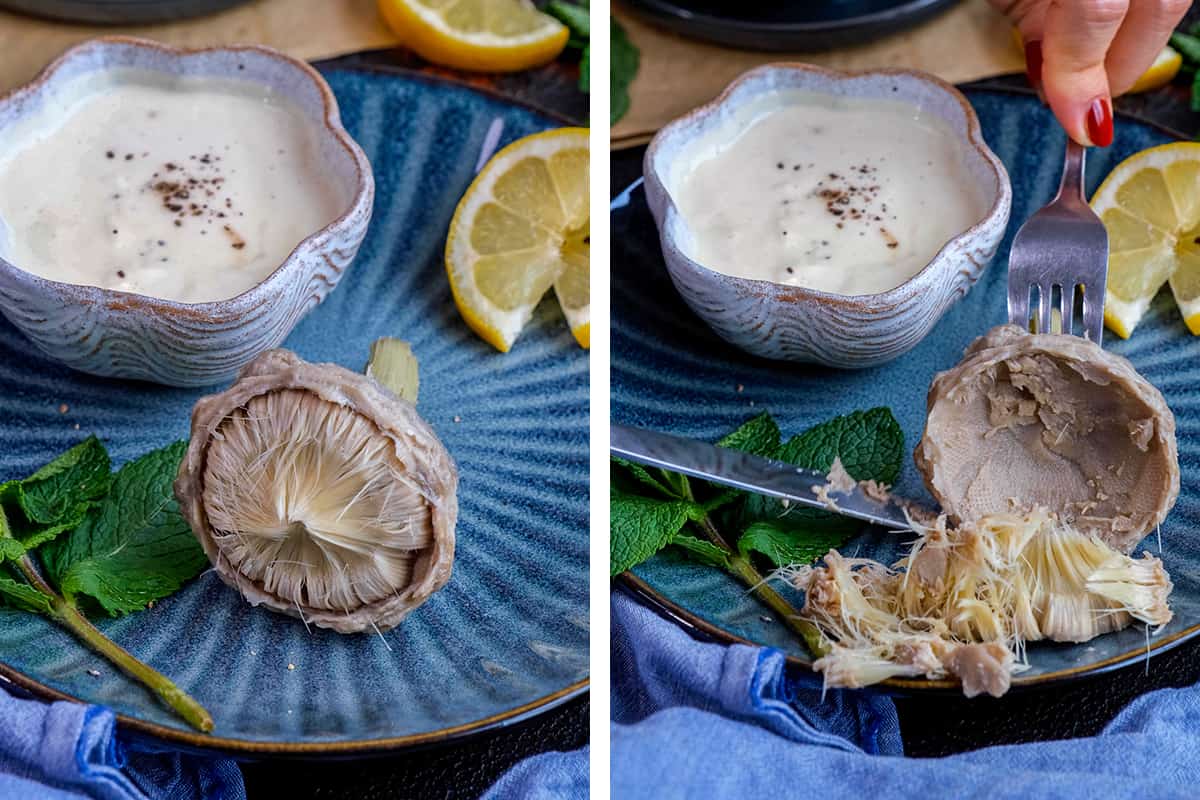 A collage of two pictures showing an artichoke heart with the choke on it and how to remove it.