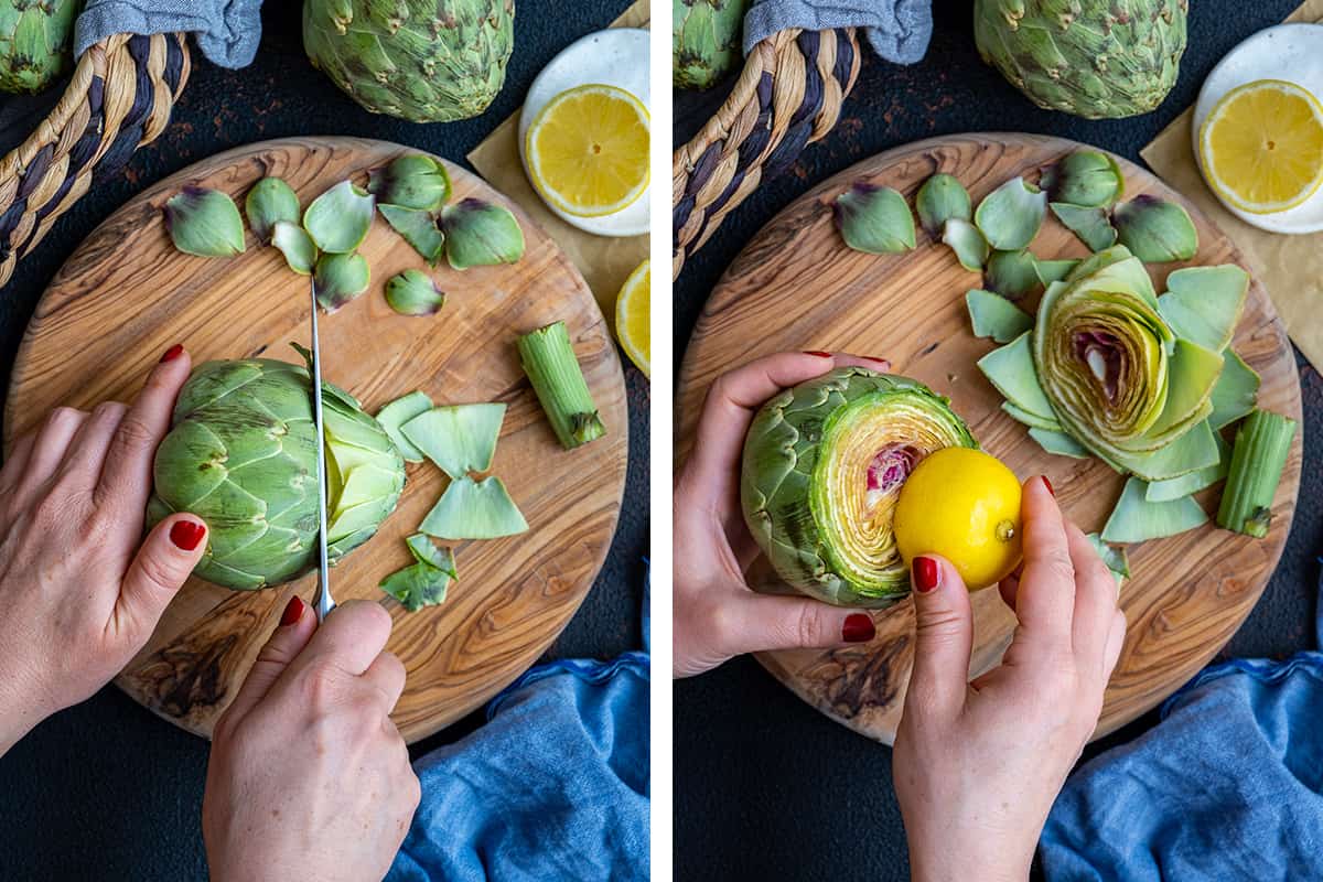 A collage of two pictures showing cutting off the top of an artichoke and rubbing it with lemon.