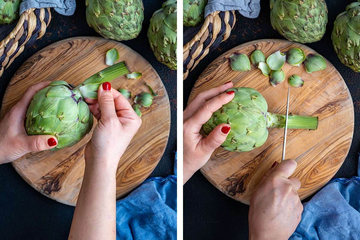 A collage of two pictures showing how to remove the outer base leaves of an artichoke and how to cut off the stem of it.