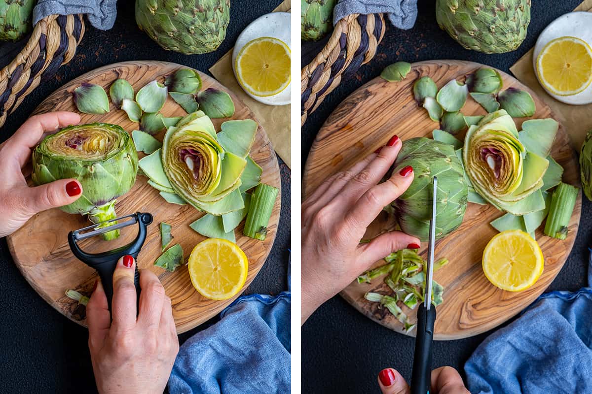 A collage of two pictures showing how to peel the stem of an artichoke and how to trim the top of thorny leaves.