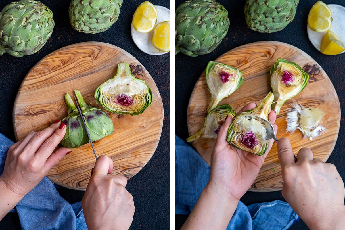 A collage of two pictures showing how to cut an artichoke in quarters and how to remove the choke in each quarter.