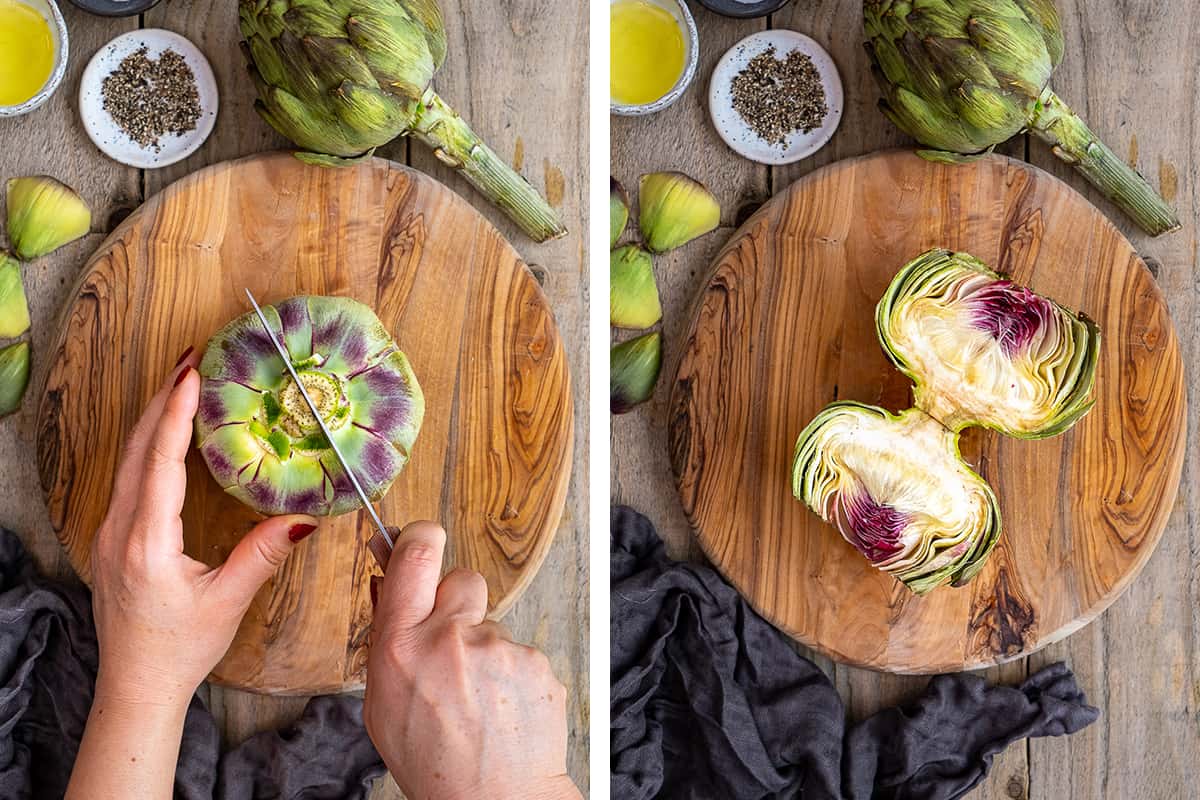 A collage of two pictures showing how to cut an artichoke vertically into two halves.
