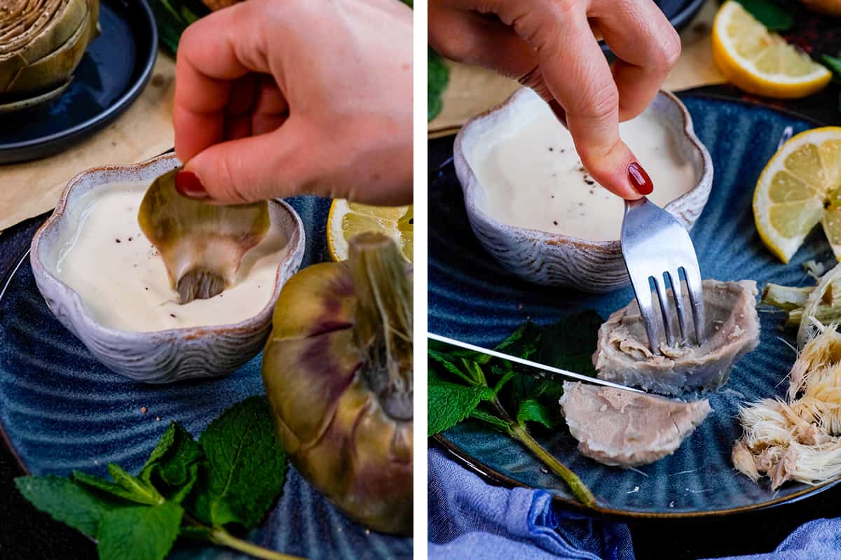 A collage of two pictures showing how to dip artichoke leaves in the sauce and how to cut an artichoke heart.