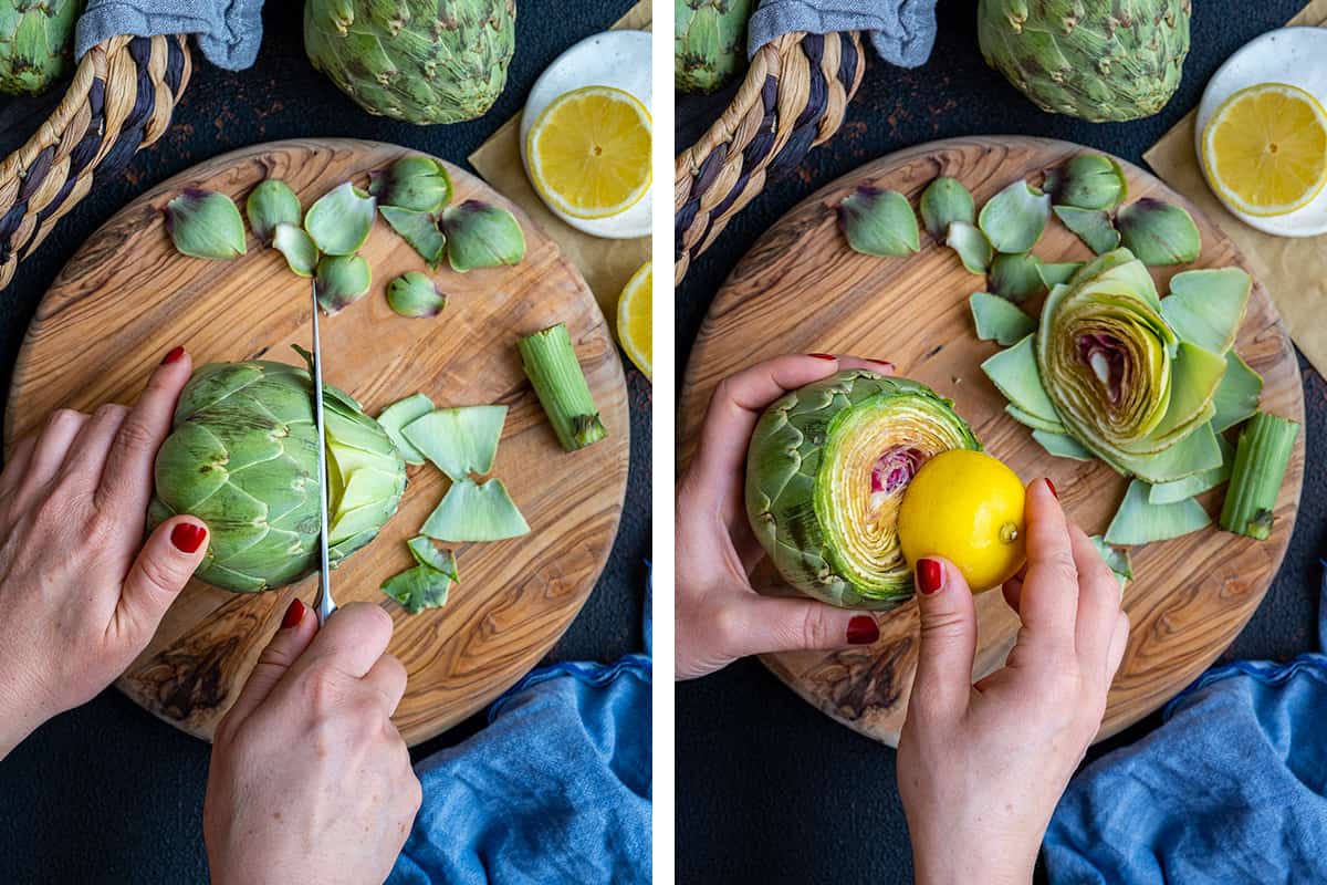 A collage of two pictures showing how to cut off the top of an artichoke and how to rub it with lemon.