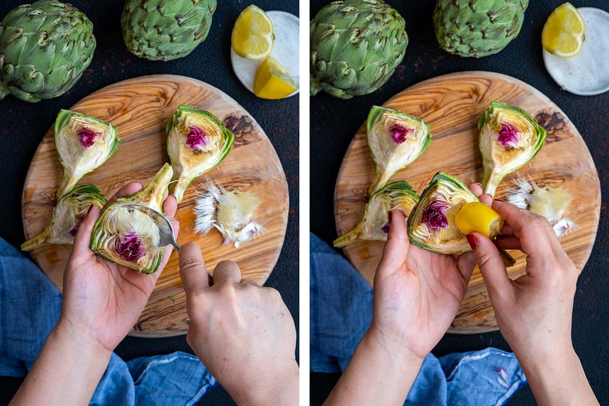 A collage of two pictures showing woman hands removing the choke from the cut artichoke quarters with a spoon.