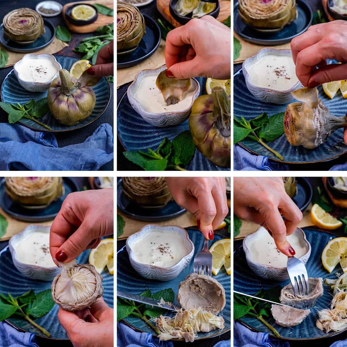 A collage of six pictures showing how to eat a whole steamed artichoke.