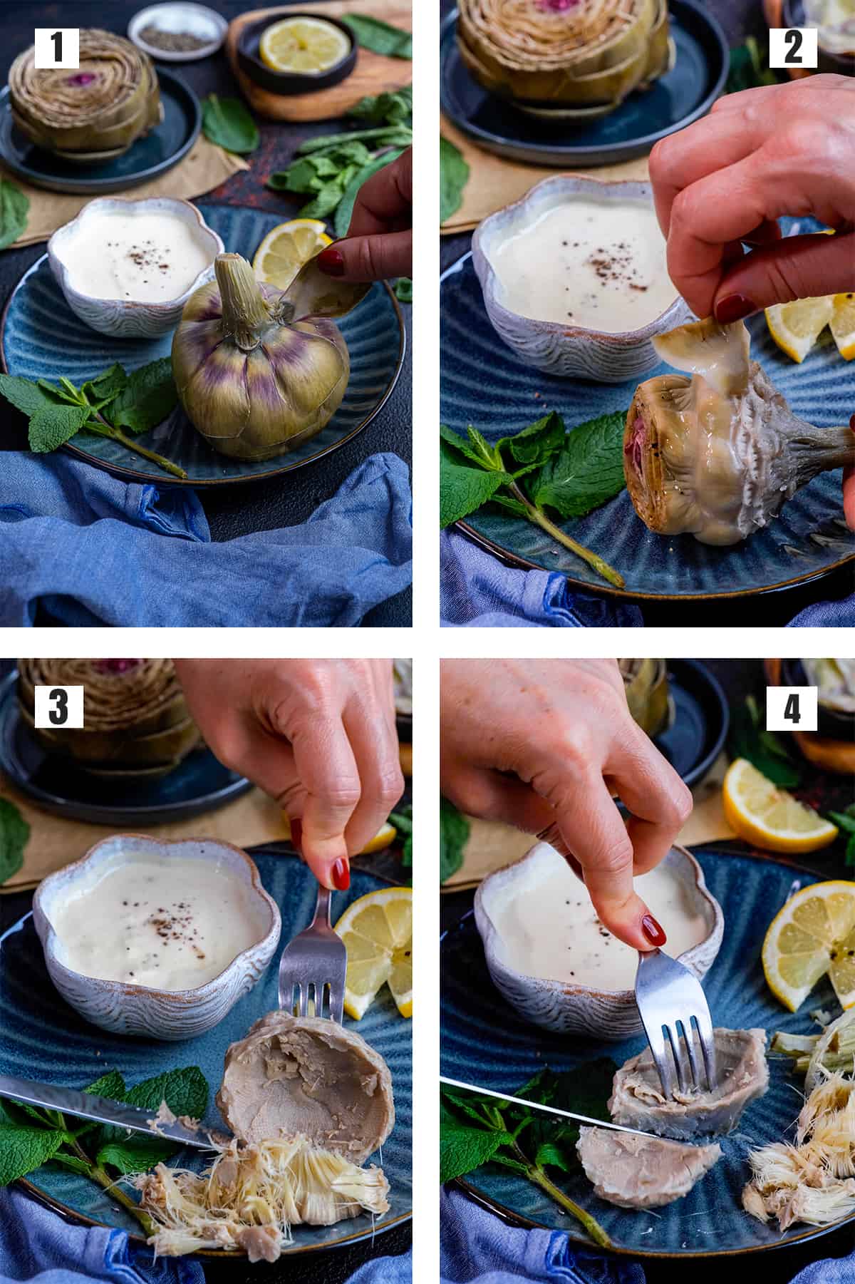 A collage of four pictures showing how to pull leaves from a cooked artichoke, how to remove the choke and how to eat the heart in the center.