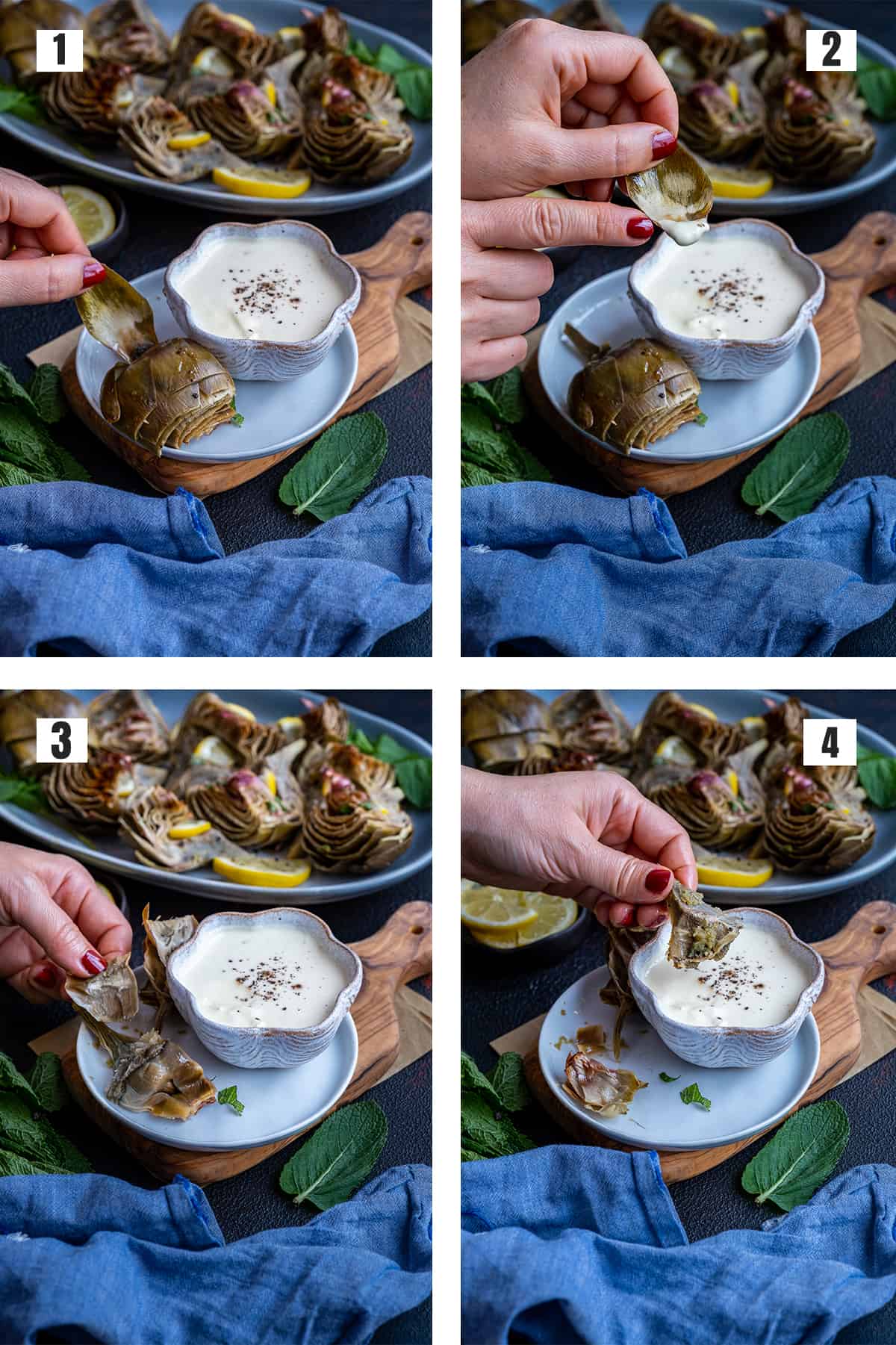 A collage of four pictures showing how to eat a roasted artichoke.