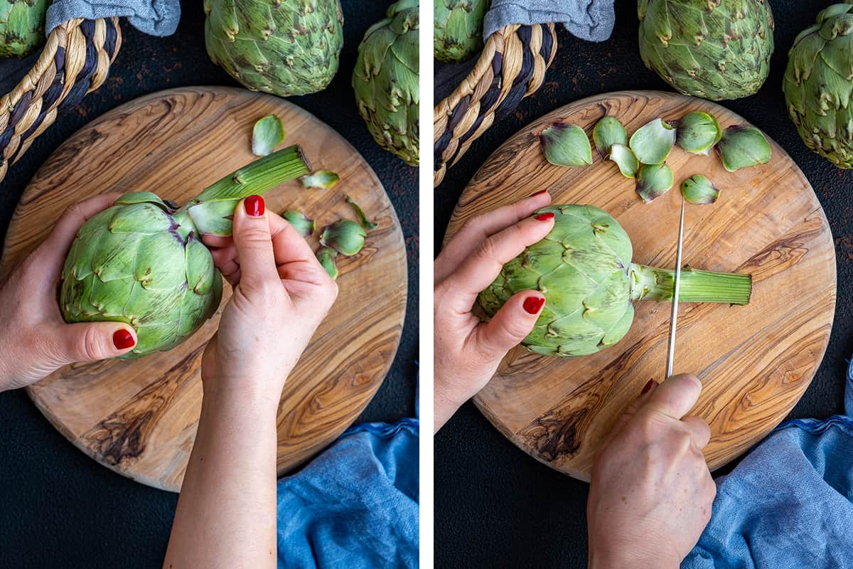 A collage of two pictures showing how to remove the outer leaves and how to cut off the stem of an artichoke.