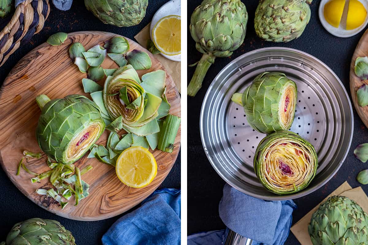 A collage of two pictures showing how to prepared artichokes on a wooden board and in a steamer basket.