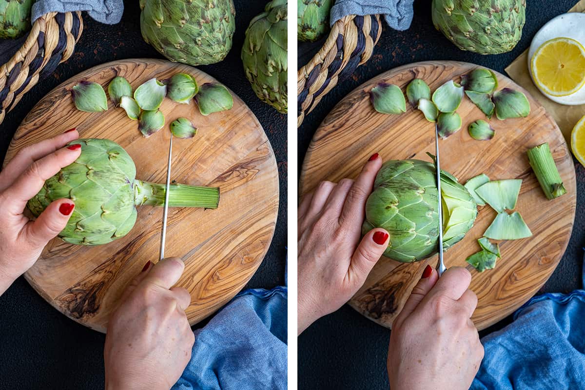 A collage of two pictures showing how to cut off the stem and top leaves of an artichoke.