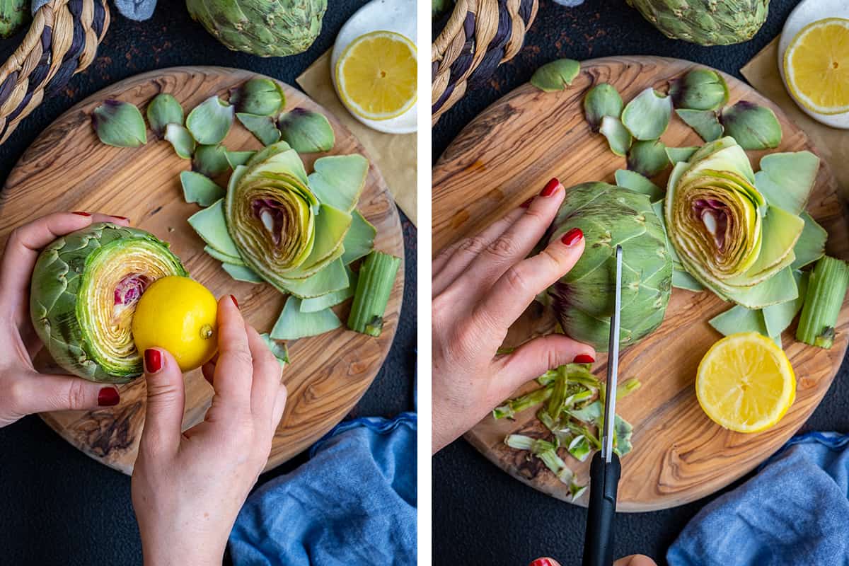 A collage of two pictures showing how to rub a cut artichoke with lemon and how to snip off the leaves.