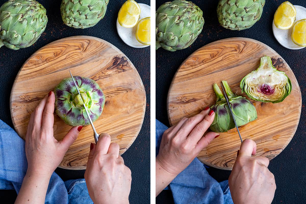 A collage of two pictures showing how to cut an artichoke in half and then into quarters.