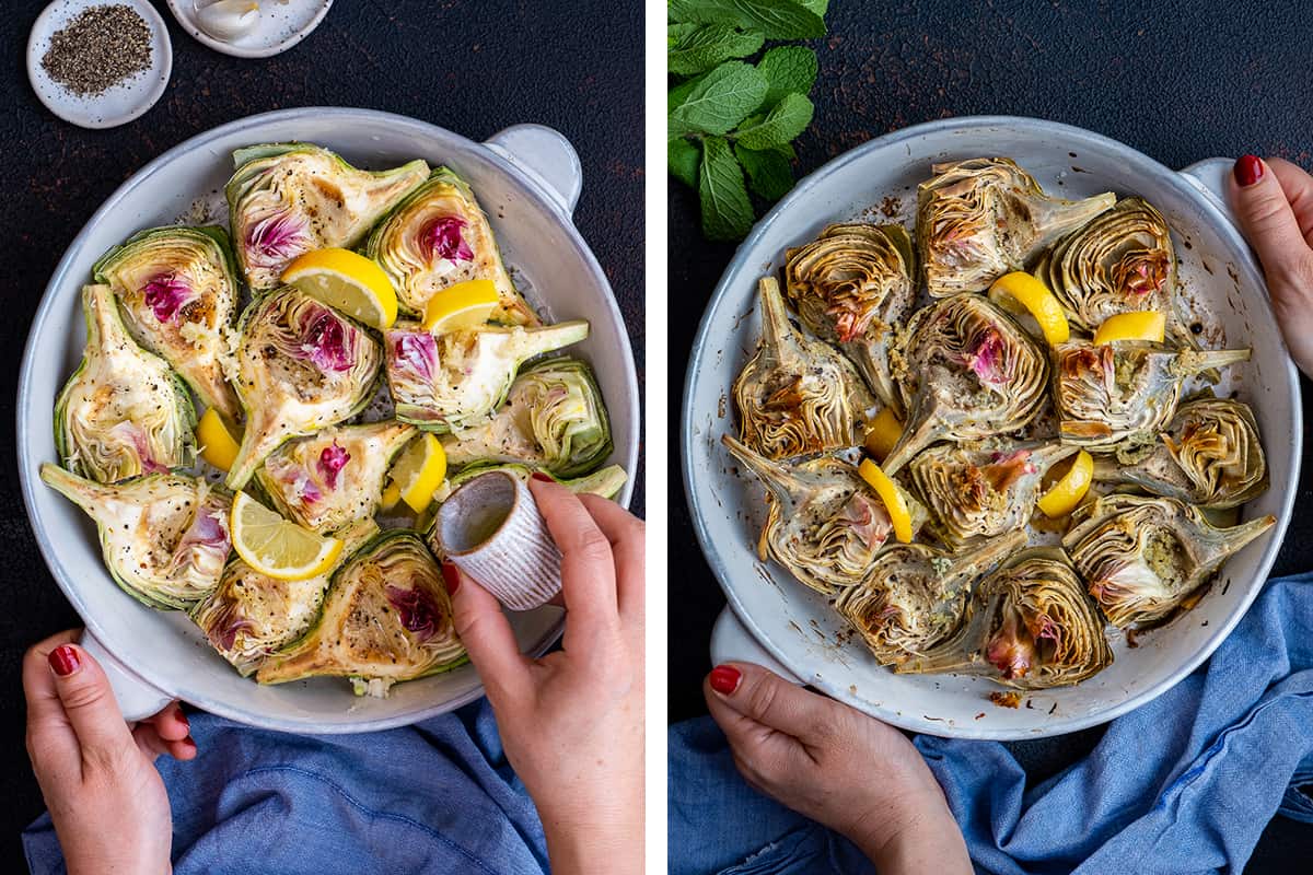 A collage of two pictures; one showing artichoke slices in a baking pan before cooking and the other showing them after cooking.