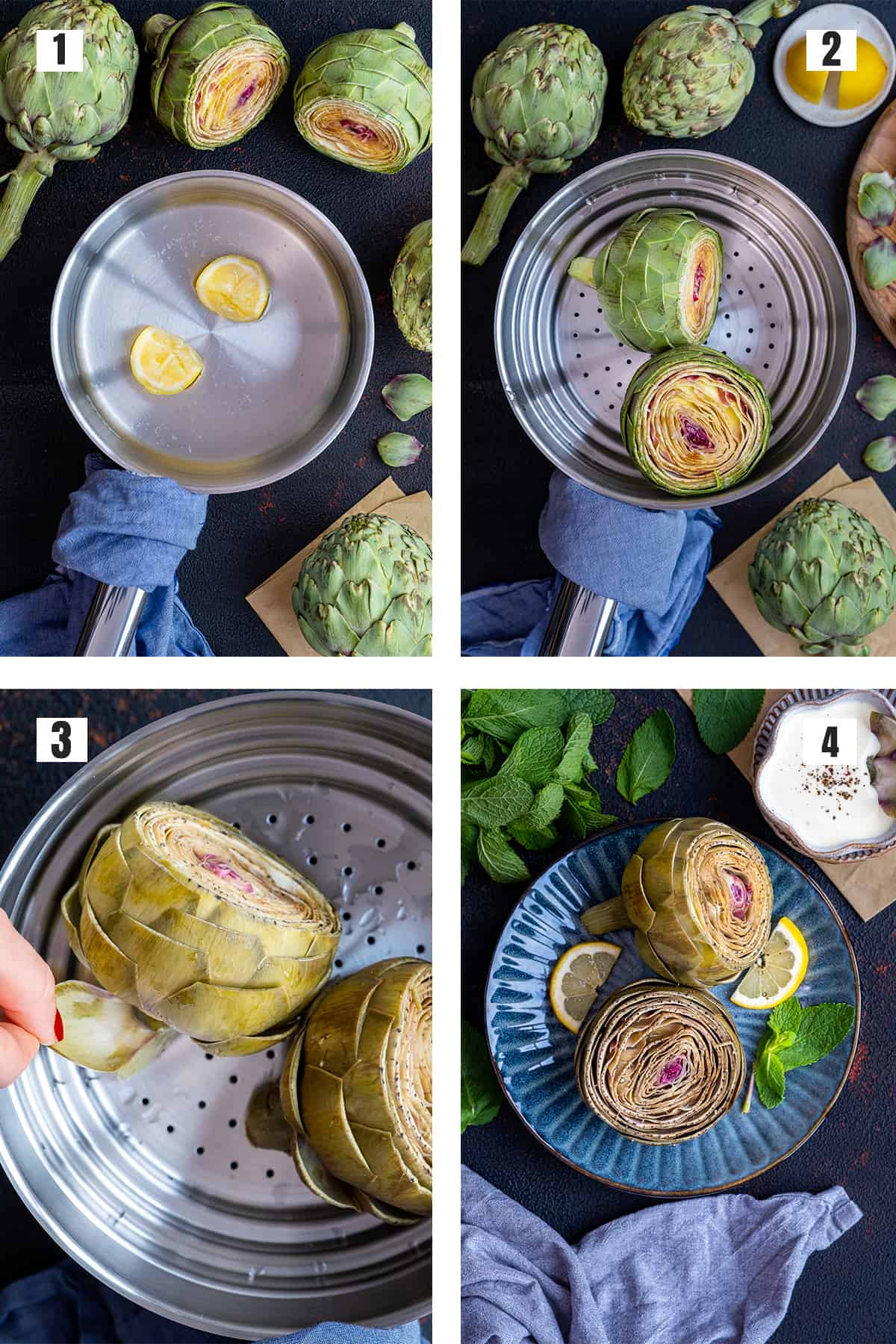 A collage of four pictures showing the steps of steaming whole artichokes.