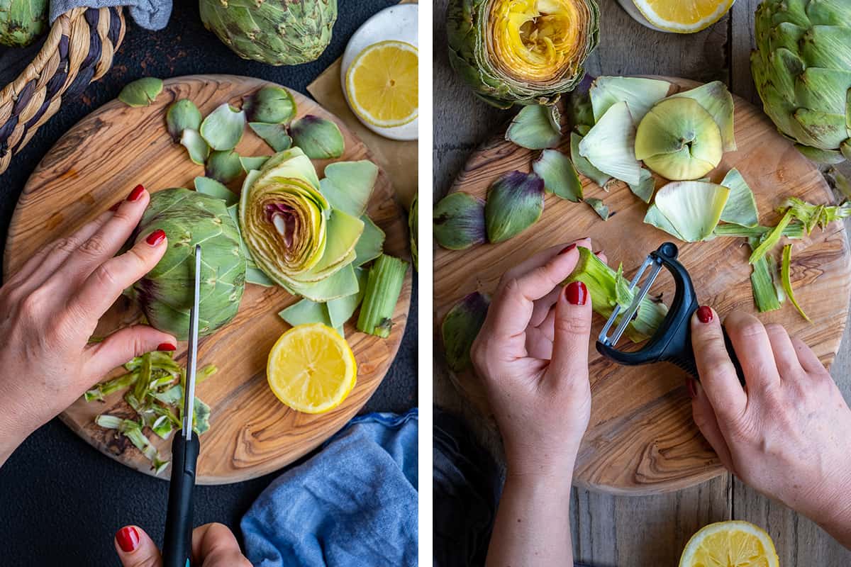 A collage of two pictures showing how to snip off the sharp tips of an artichoke leaves and how to peel the stem of it.