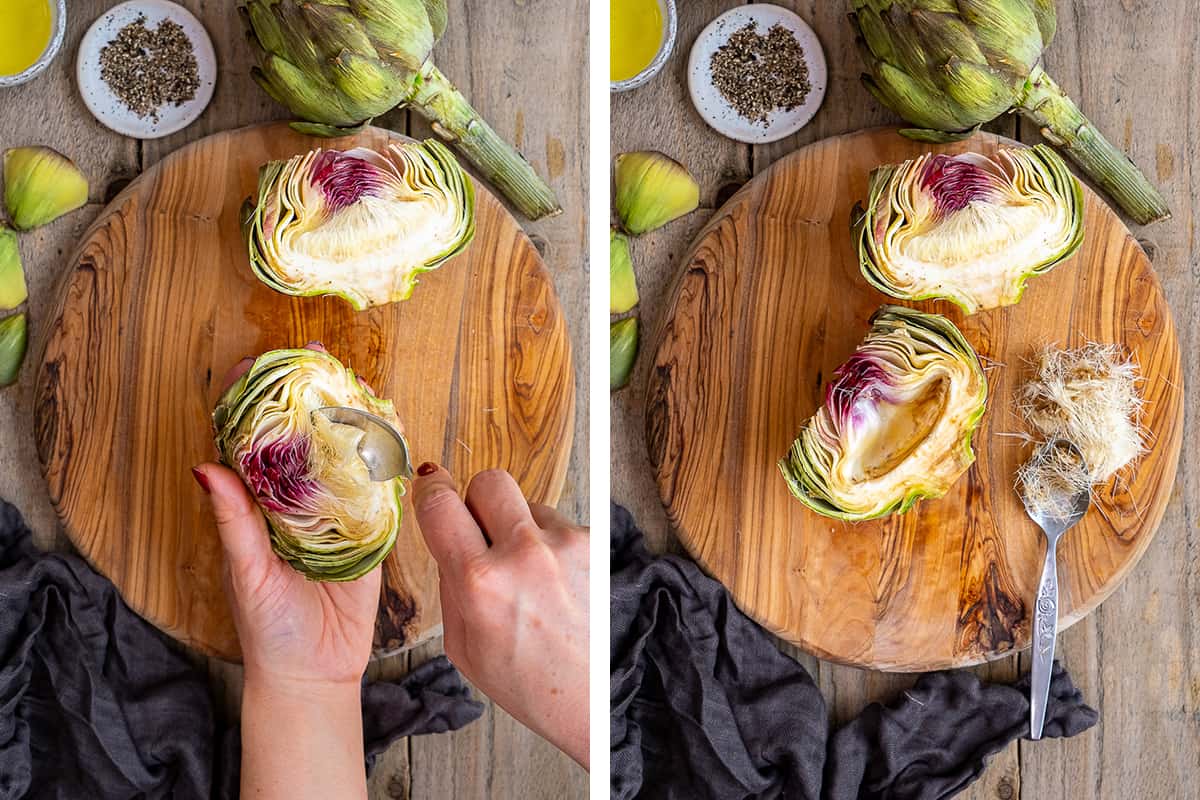 A collage of two pictures showing how to remove the choke from artichoke halves.