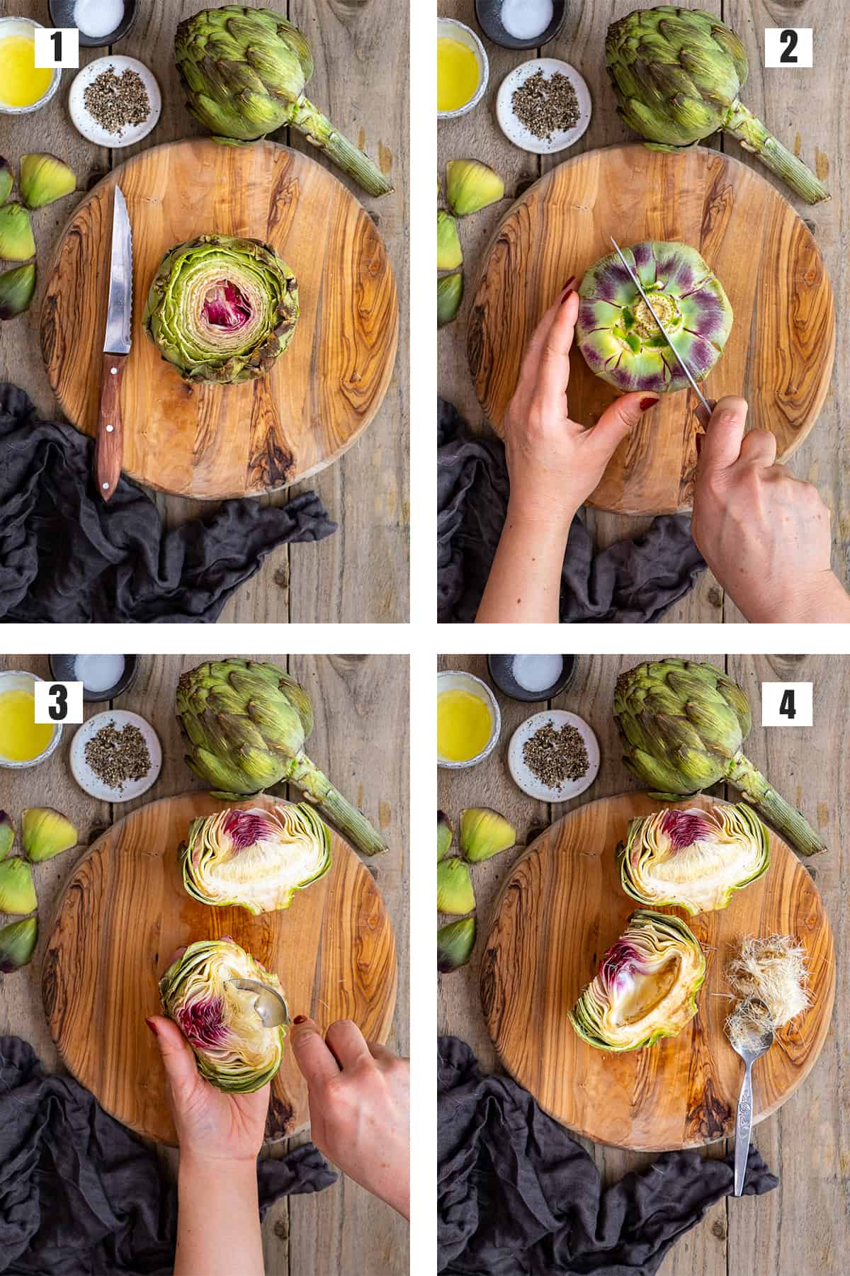 A collage of four pictures showing how to cut an artichoke and how to remove the choke inside it.