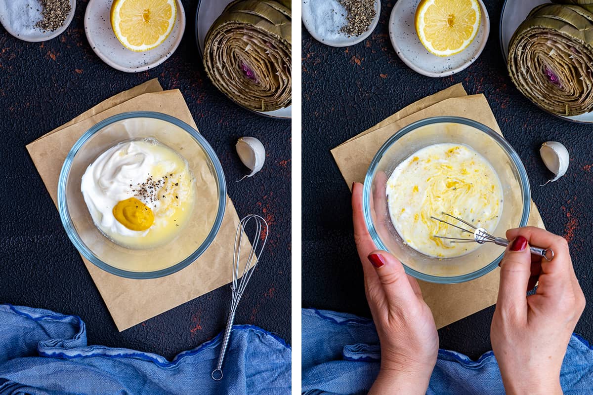 A collage of two pictures showing how to combine the ingredients of the dipping sauce in a bowl and how to mix them.