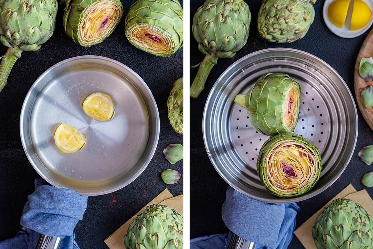 A collage of two pictures showing a pot filled with water and lemon slices and artichokes in a steamer.