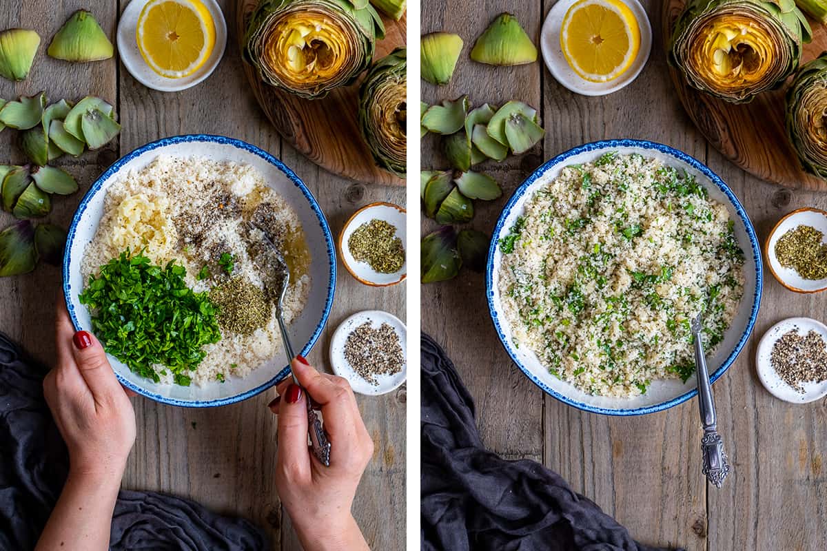 A collage of two pictures showing how to make the artichoke stuffing mixture with breadcrumbs.