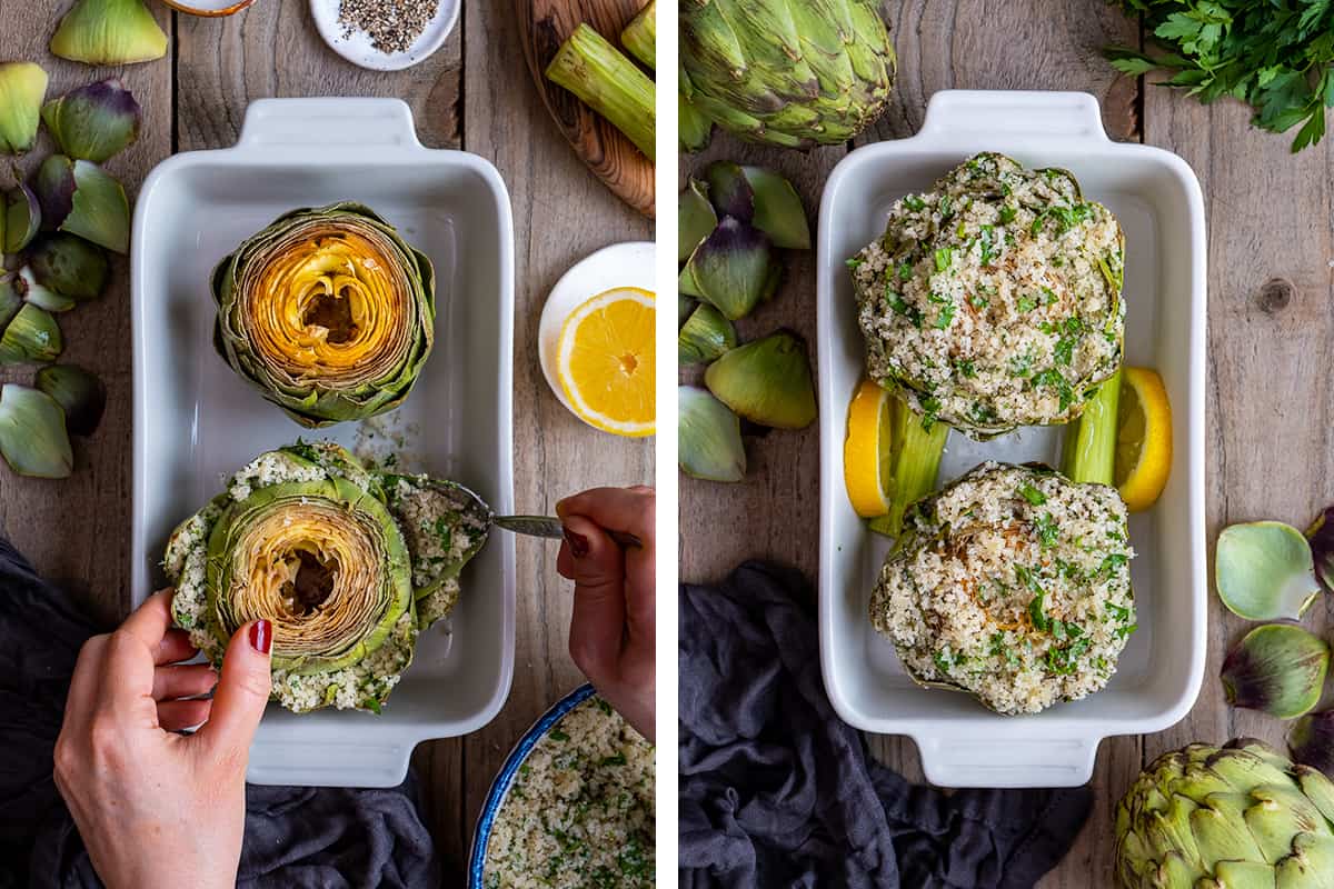 A collage of two pictures showing how to stuff artichokes in a baking dish.