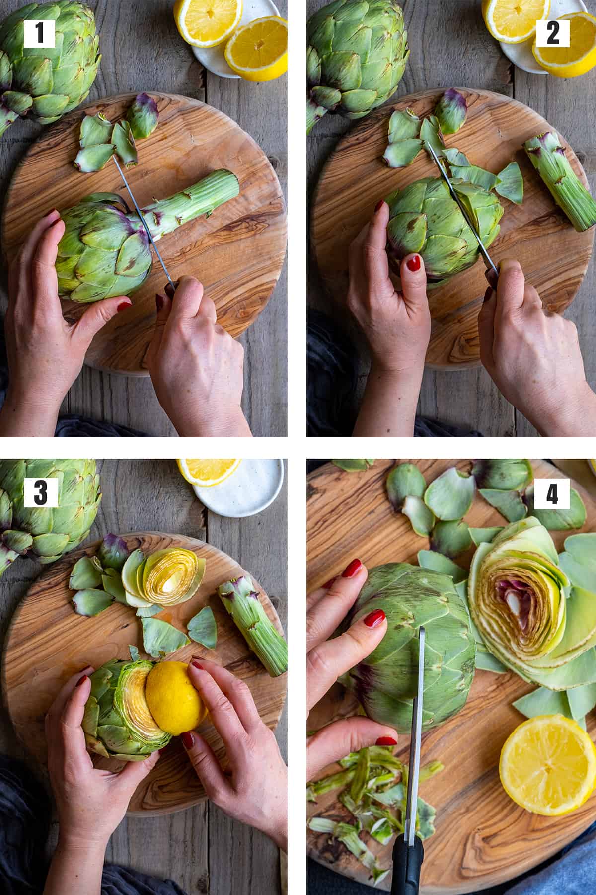 A collage of four pictures showing how to cut an artichoke and rub it with lemon.