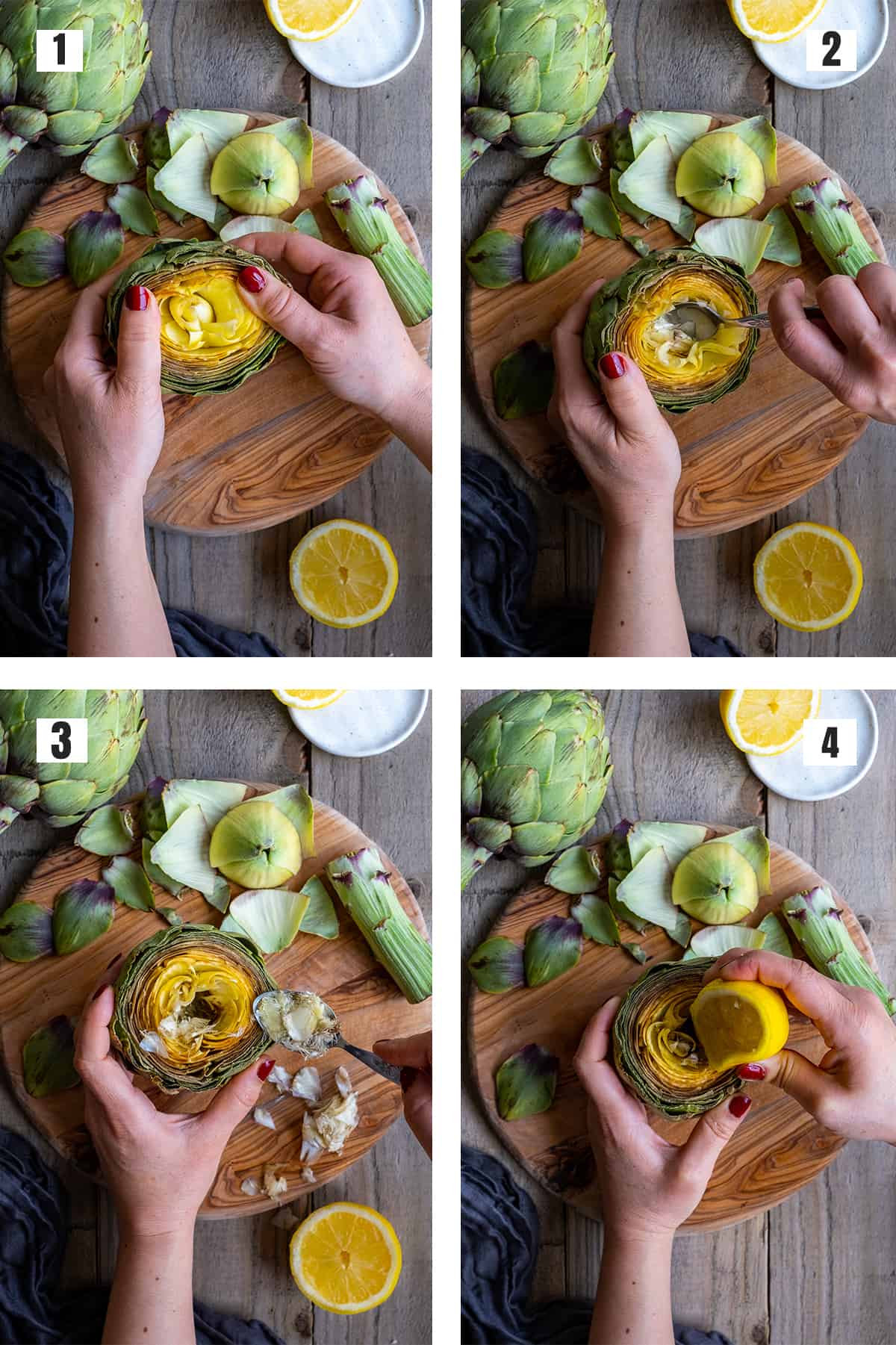A collage of four pictures showing how to remove the choke form a whole artichoke.