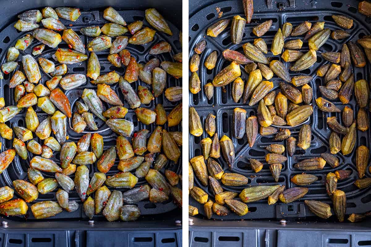 A collage of two pictures showing frozen okra in the air fryer basket before cooking and after cooking.