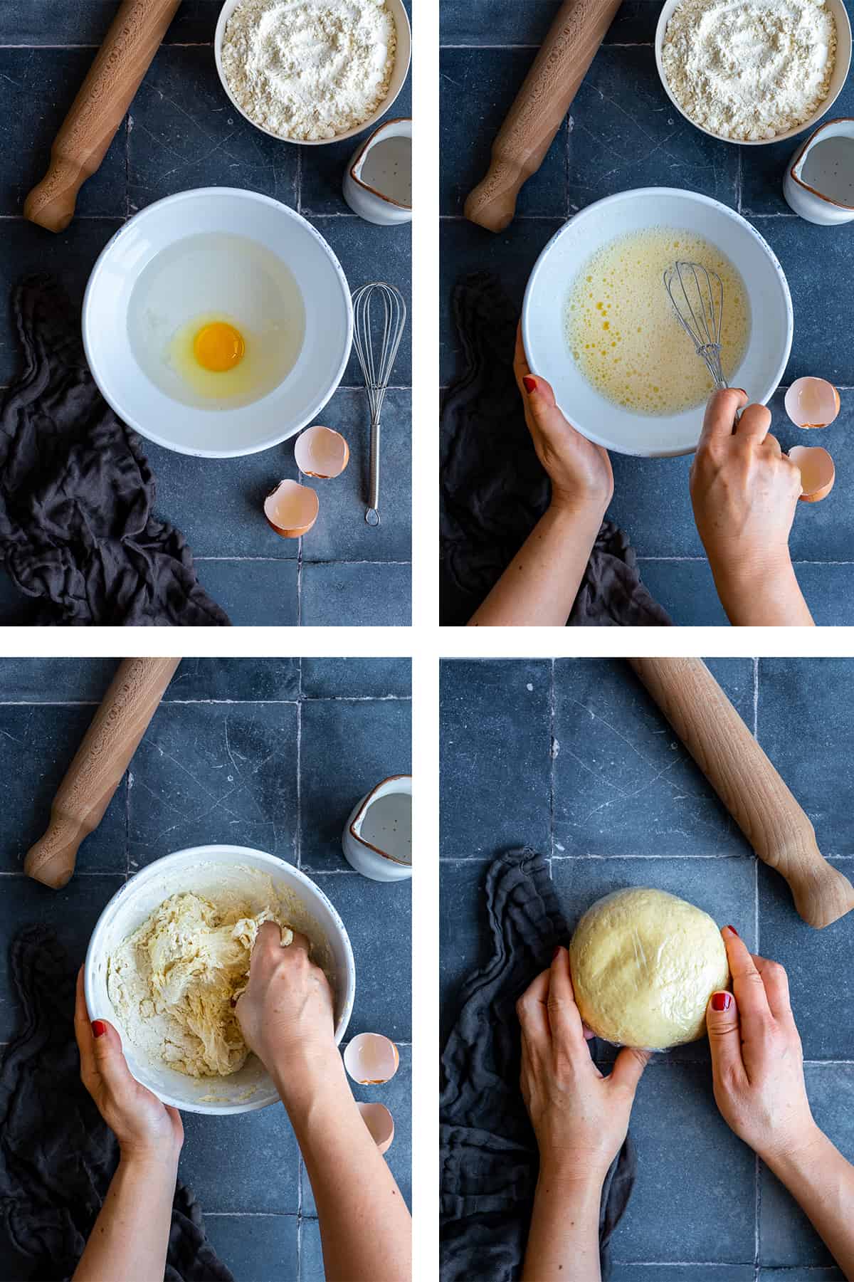 A collage of four pictures showing the steps of making phyllo dough.