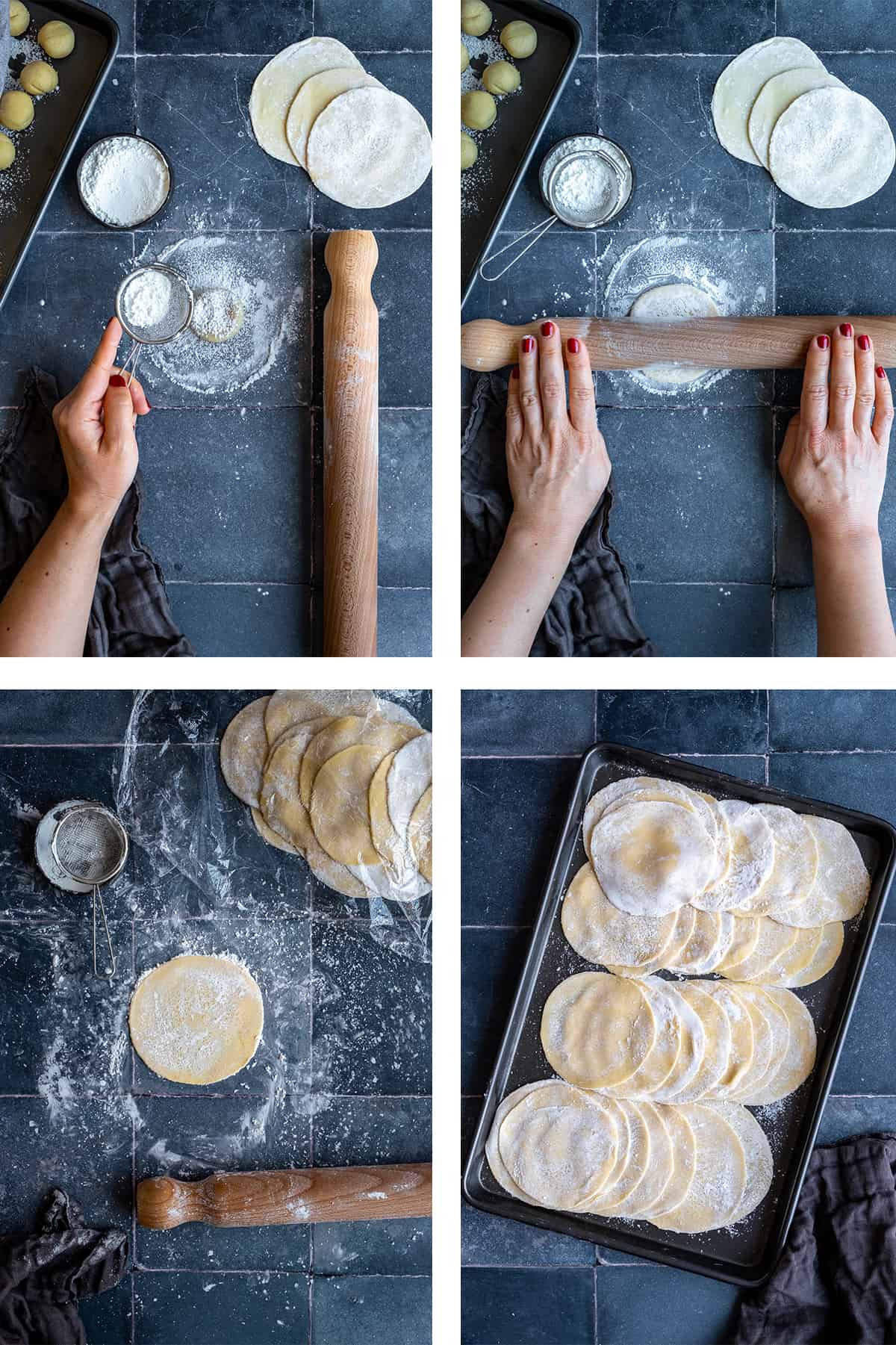 A collage of four pictures showing the steps of rolling the dough into small circles.