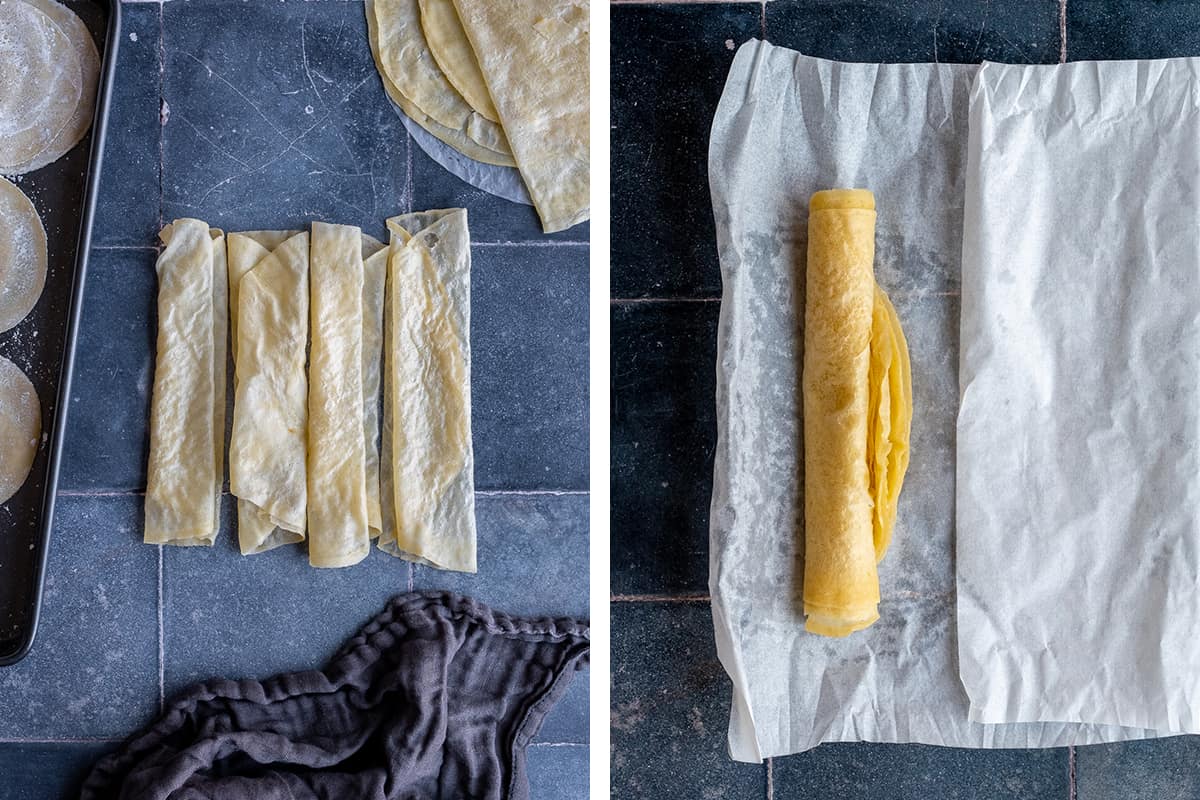 A collage of two pictures showing rolled phyllo sheets and storing it in a piece of parchment paper.