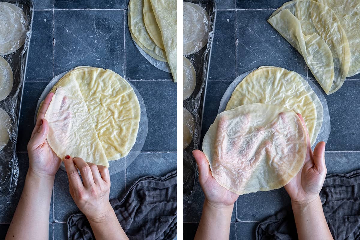 A collage of two pictures showing how thin the phyllo sheets are.