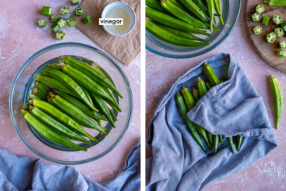 A collage of two pictures showing how to clean and dry fresh okra.