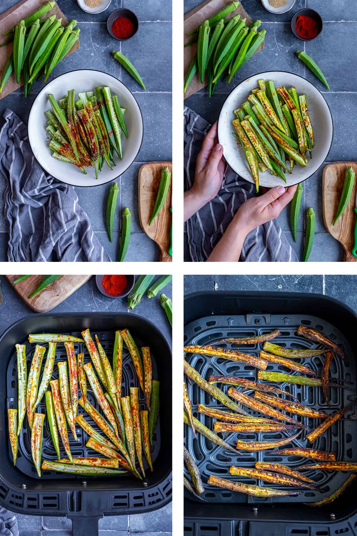 A collage of four pictures showing the steps of frying okra in the air fryer.