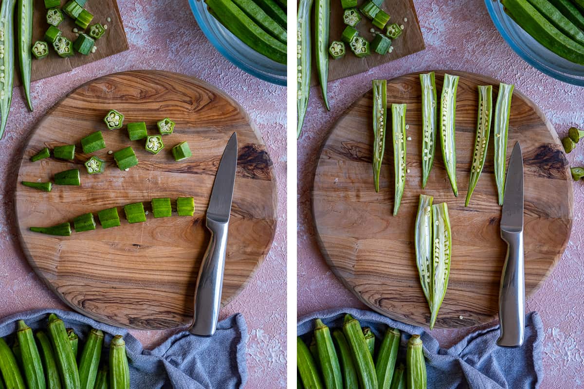 A collage of two pictures showing how to cut okra crosswise and lengthwise.