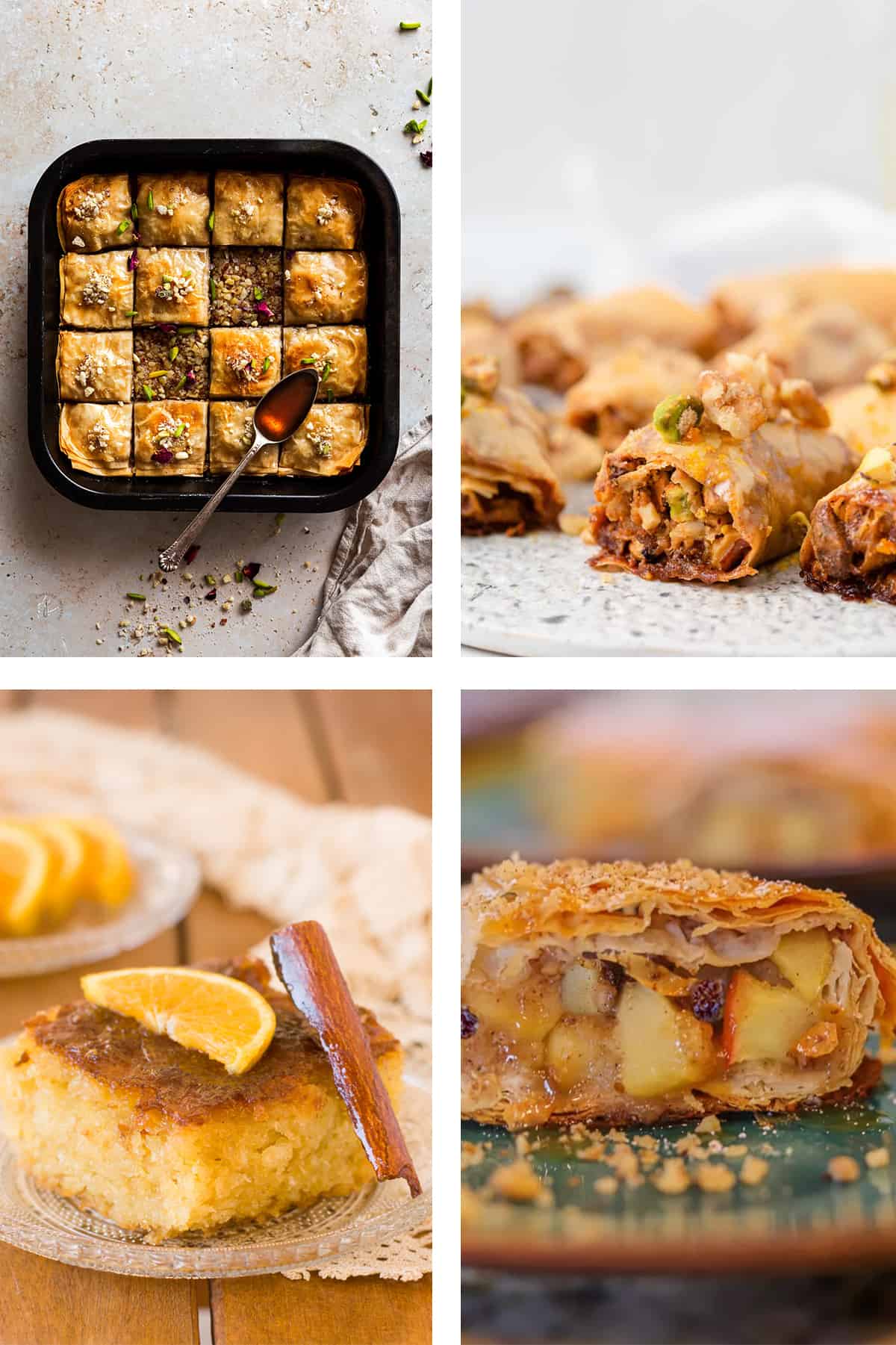 A collage of four pictures showing baklava, baklava rolls, Greek orange cake and apple strudel.