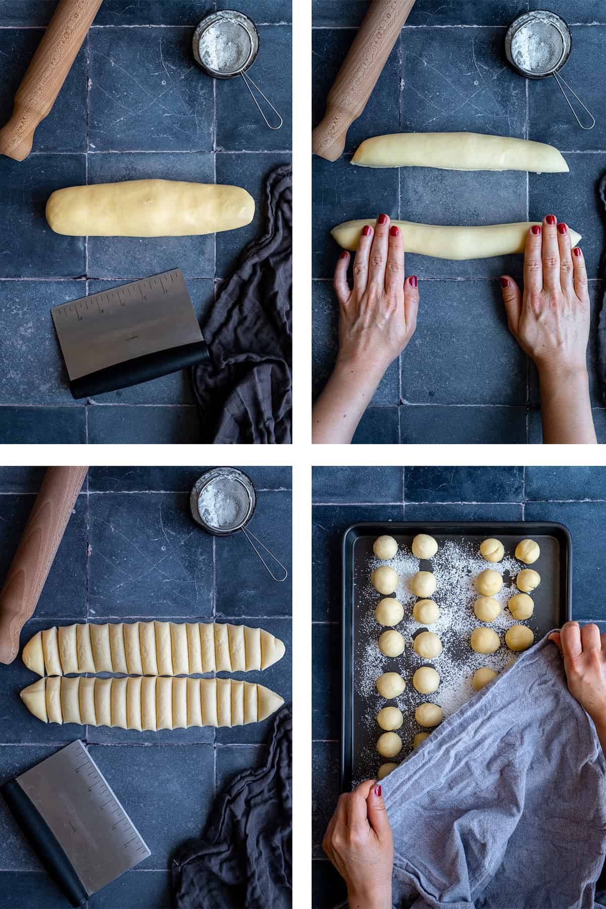 A collage of four pictures showing how to divide the dough in small portions.