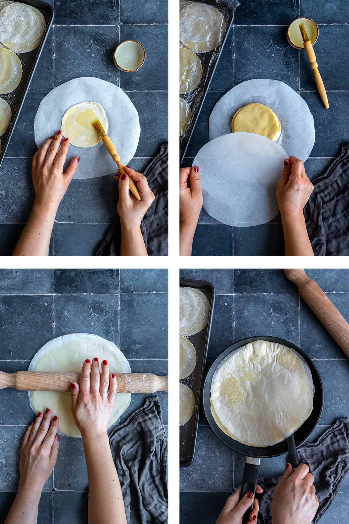 A collage of four pictures showing how to roll a stack of phyllo sheets between two pieces of parchment paper.