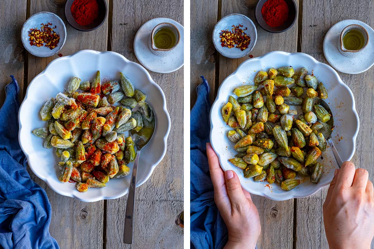 A collage of two pictures showing spices on frozen okra in a bowl and hands stirring it with a spoon.